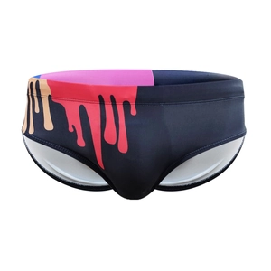 Men's sexy triangular swim briefs with colorful drip paint print on black quick-dry fabric