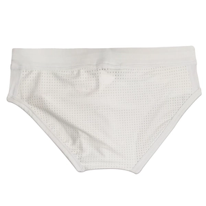 Detail view of white men's mesh swim briefs showing breathable fabric and elastic waistband