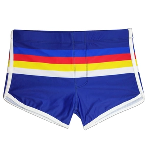 Detailed side view of blue men's swim trunks with colorful stripes and white contrast piping