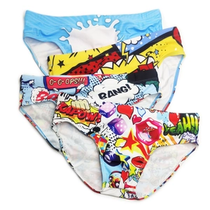 Three-pack of men's quick-dry swim briefs featuring colorful pop art comic print details