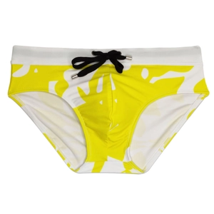 Dettaglio slip da nuoto uomo mimetico giallo e bianco con cordino nero regolabile in vita