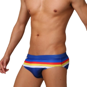 Men's navy low waist swim briefs with colorful stripes and ergonomic front cup
