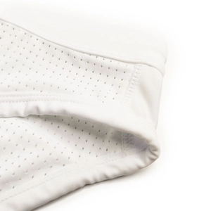 Close-up of white men's swim briefs showing breathable mesh fabric and detailed stitching