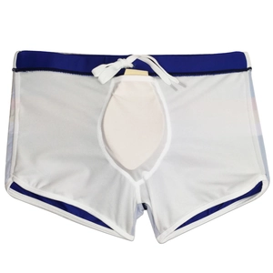 Detail view of men's swim trunks featuring protective inner cup and mesh lining