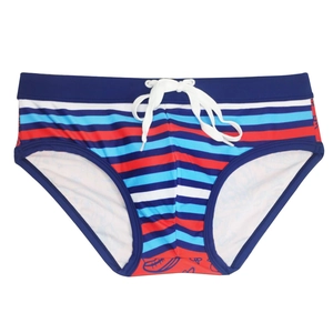 Men's striped swim briefs in blue and red with a white drawstring on a white background