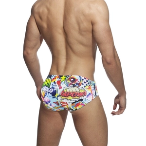 Men's fashion swim briefs with colorful comic graffiti and pop art patterns