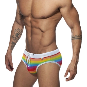 Men's rainbow striped swim briefs with white waistband and adjustable drawstring