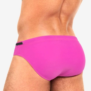Rear view detail of hot pink men's swim briefs in high-elastic quick-dry fabric