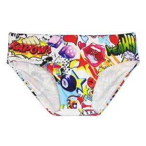 Men's colorful graffiti pop art swimming briefs with cartoon prints and quick-dry fabric
