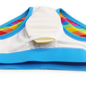 Detail of blue men's swim briefs with rainbow stripes and mesh lining with pouch