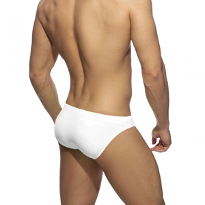 Rear view of white minimalist men's quick-dry swim briefs showing fabric texture