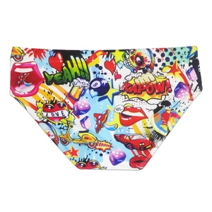 Close-up of men's quick-dry swim briefs featuring colorful pop art graffiti patterns