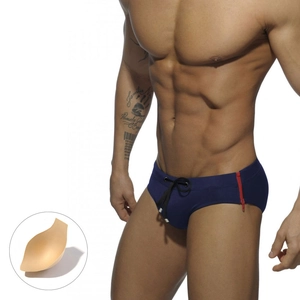 Men's sexy navy swim briefs with side dual zippers, waist drawstring and padding inserts