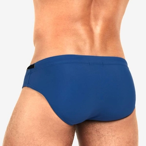 Rear view of men's navy blue swim briefs showing ergonomic fit and reinforced stitching