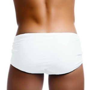 Men's sexy white swim trunks in quick-dry fabric, back view on model with elastic waist