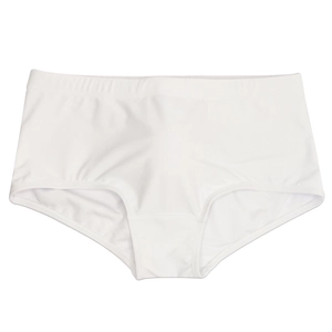 Close-up detail of white quick-dry swim trunks with elastic waistband and smooth fabric
