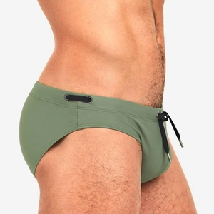 Men's low-waist army green swim briefs with adjustable drawstrings and metallic tips