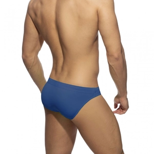 Detail view of quick-dry dark blue men's swim briefs with side high-cut athletic design
