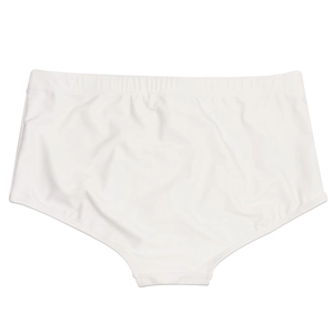 Detailed view of white high-waisted quick-dry swim trunks with elastic waistband