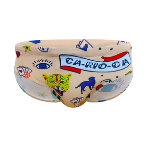 Men's pop art leopard print swim briefs in beige featuring eclectic graffiti motifs