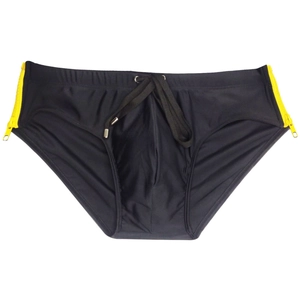 Detail view of men's black swim briefs featuring yellow side zippers and a drawstring waist