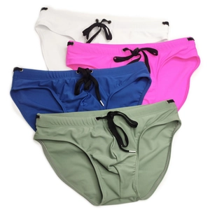 Detail view of men's swim briefs with adjustable drawstring and metal aglets in four colors
