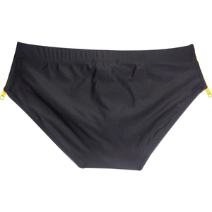 Detail of men's black swim briefs featuring side double zippers and elastic waistband