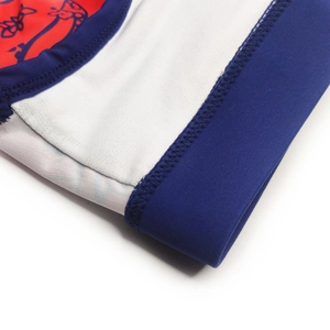 Macro detail of red striped swimwear featuring elastic blue waistband and premium stitching