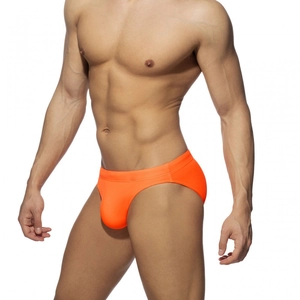 Men's low-rise swim briefs in bright orange with high-elastic fabric and side narrow bands