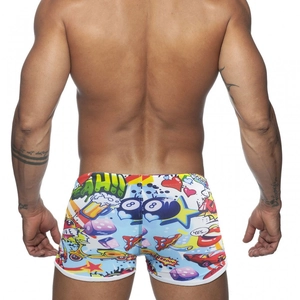 Maillot de bain boxer pour hommes avec imprimé graffiti cartoon et bord blanc