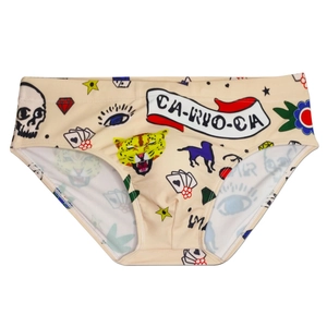 Men's swim briefs with leopard skull tattoo print on a beige background with CA-RIO-CA logo