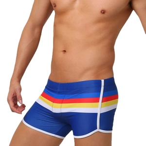 Men's navy blue striped swim trunks with red and yellow accents for beach sports