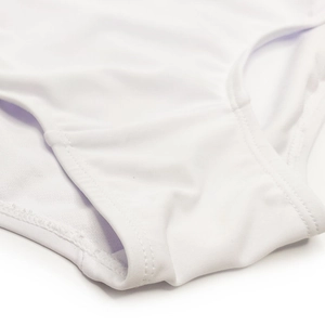 Detailed macro view of white quick-dry fabric and precise double-stitched hem on swimwear