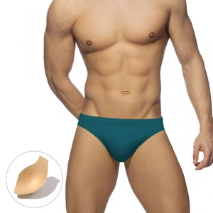 Detail view of men's quick-dry low waist swim briefs with removable contour sponge pad
