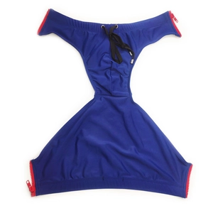 Detail of navy swim briefs with side red zippers and a black drawstring waistband