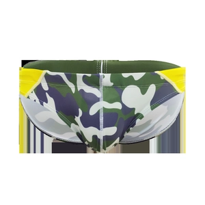 Detail of camo print swim briefs featuring U-pouch design and side contrast panels