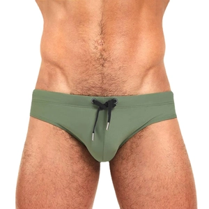 Men's army green slim fit drawstring swim briefs with elastic quick-dry fabric
