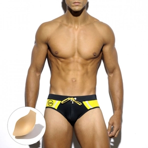 Men's athletic swim bikini in black and yellow contrast with removable cup padding