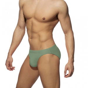 Side view of men's army green low-waist briefs in high-elasticity quick-dry fabric