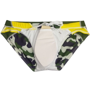 Detail of camo swimming briefs featuring internal protective cup and yellow waist accents