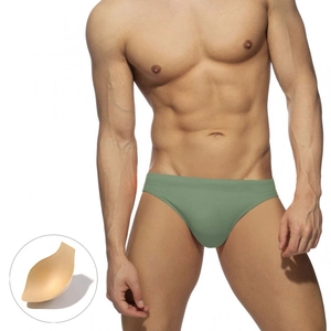 Men's olive green triangle swim briefs with removable contour padding cup