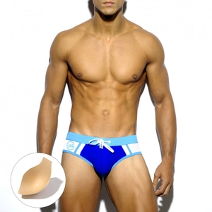 Men's color block swim briefs with white drawstring and removable push up cup pad