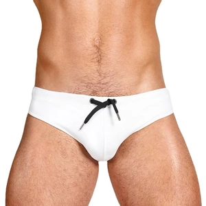 Men's minimalist white swim briefs with black drawstring waist for athletic swimming