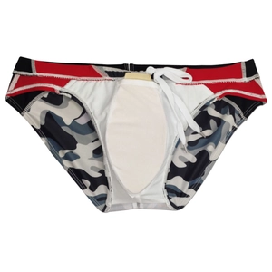 Detail of camouflage swim briefs with elastic striped waistband and internal protective padding