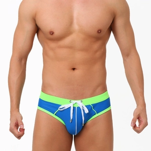 Men's contrast color swim briefs in blue and lime green with white drawstrings