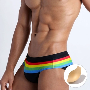 Men's low-rise rainbow striped swim briefs with removable cup padding for beachwear