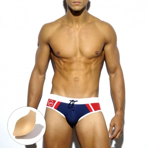 Men's navy color-block swim briefs with waist drawstring and removable sponge cup padding