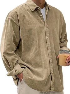 Detailed view of men's khaki corduroy shirt with ribbed texture and dark buttons