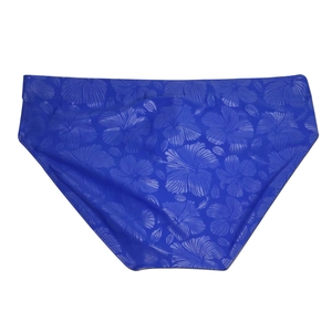 Detailed view of men's quick-dry swim briefs featuring a blue hibiscus floral print pattern