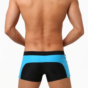 Rear view of men's color-block swimming trunks with elastic waistband and blue accents